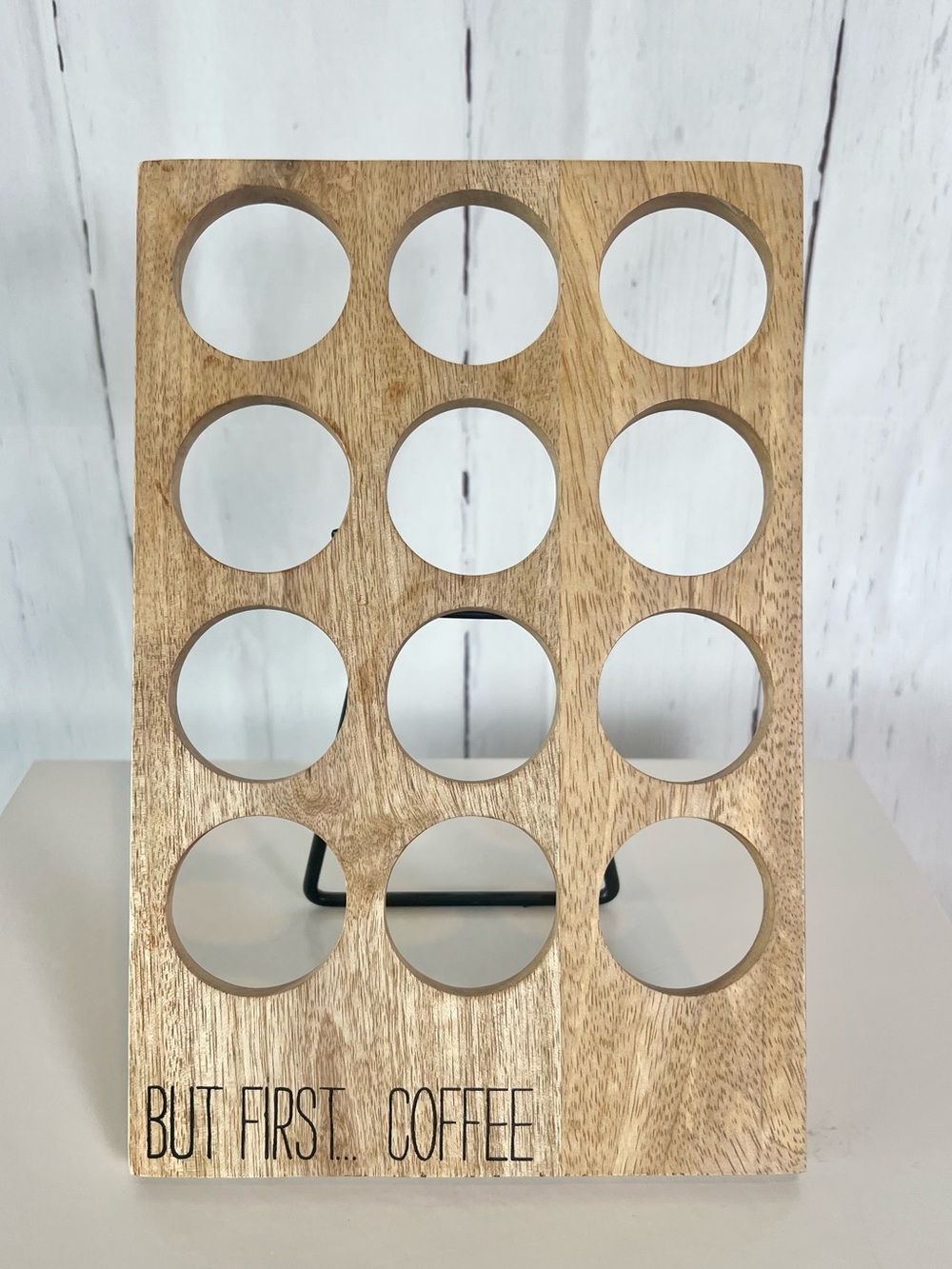 Mud Pie Mango Wood Coffee Pod Holder "But First Coffee" Display Stand